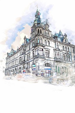 Klodzko şehir merkezi, hava kalesi sanat illüstrasyonundan antika eskiz.