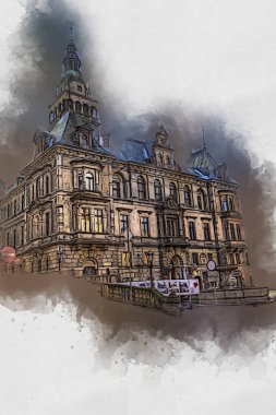 Klodzko şehir merkezi, hava kalesi sanat illüstrasyonundan antika eskiz.