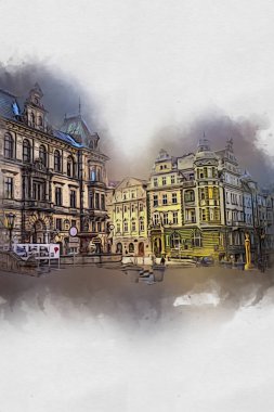 Klodzko şehir merkezi, hava kalesi sanat illüstrasyonundan antika eskiz.