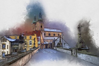 Klodzko şehir merkezi, hava kalesi sanat illüstrasyonundan antika eskiz.