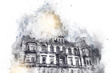 Klodzko şehir merkezi, hava kalesi sanat illüstrasyonundan antika eskiz.