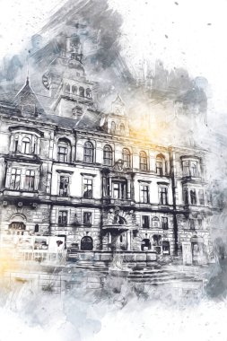 Klodzko şehir merkezi, hava kalesi sanat illüstrasyonundan antika eskiz.