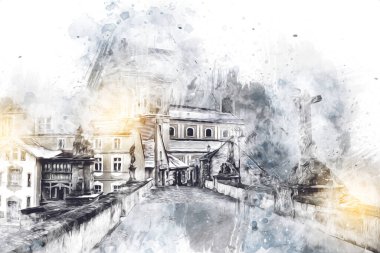 Klodzko şehir merkezi, hava kalesi sanat illüstrasyonundan antika eskiz.