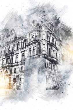 Klodzko şehir merkezi, hava kalesi sanat illüstrasyonundan antika eskiz.