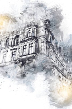 Klodzko şehir merkezi, hava kalesi sanat illüstrasyonundan antika eskiz.