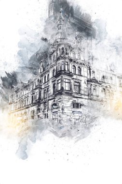 Klodzko şehir merkezi, hava kalesi sanat illüstrasyonundan antika eskiz.