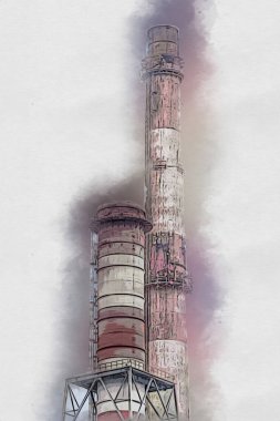 Bir fabrika fotoğrafçılık illüstrasyonunun bacaları ve siloları.