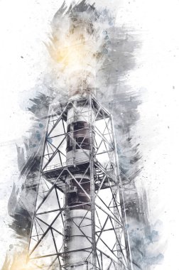 Bir fabrika fotoğrafçılık illüstrasyonunun bacaları ve siloları.