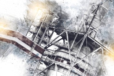 Bir fabrika fotoğrafçılık illüstrasyonunun bacaları ve siloları.