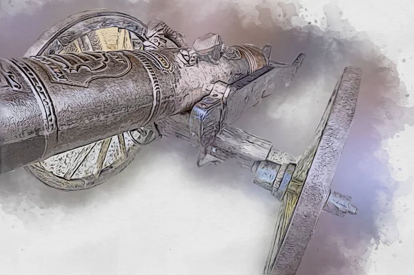 Tekerlekler üzerindeki antik top resimde izole edildi