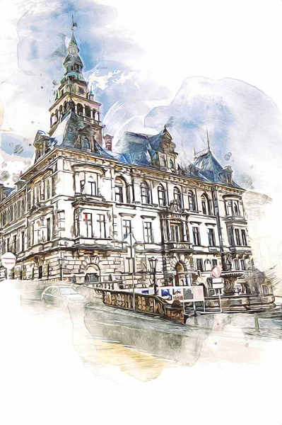 Klodzko şehir merkezi, hava kalesi sanat illüstrasyonundan antika eskiz.