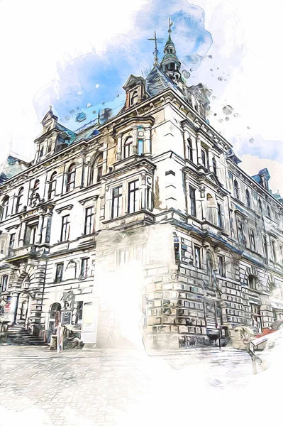 Klodzko şehir merkezi, hava kalesi sanat illüstrasyonundan antika eskiz.