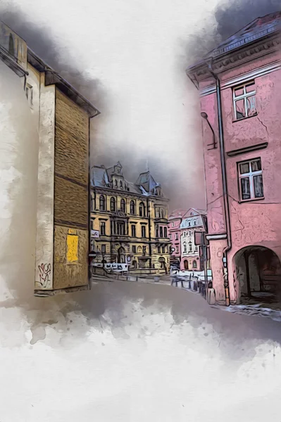 Miasto Kłodzko Powietrza Fort Sztuka Ilustracja Retro Vintage Antyczny Skecz — Zdjęcie stockowe