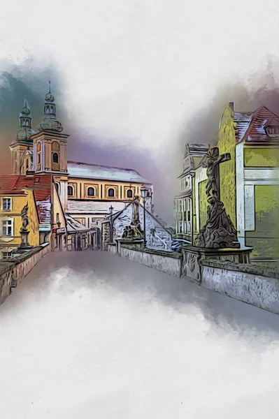 Klodzko Stad Från Luftfortet Konst Illustration Retro Vintage Antik Skiss — Stockfoto