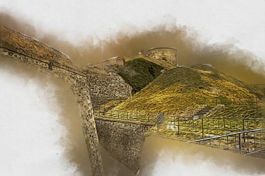 Klodzko 'nun kalesi, hava kalesi sanat resimlerinden antika eskiz eskizleri.