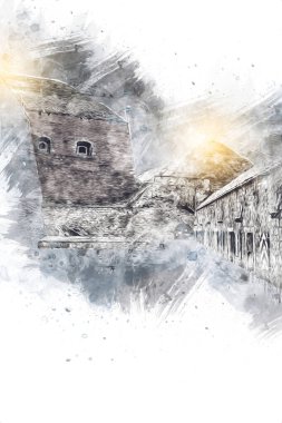 Klodzko 'nun kalesi, hava kalesi sanat resimlerinden antika eskiz eskizleri.