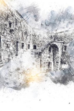 Klodzko 'nun kalesi, hava kalesi sanat resimlerinden antika eskiz eskizleri.