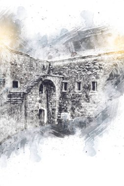 Klodzko 'nun kalesi, hava kalesi sanat resimlerinden antika eskiz eskizleri.