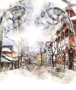 Polonya, Zakopane 'nin tahta mimarisi, resim çizimi.