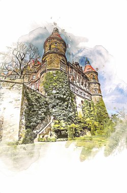 Ksiaz Şatosu Polonya Sicilya sanat retro illüstrasyon, sanat, çizim, eskiz, resim