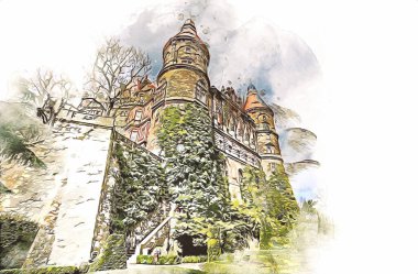 Ksiaz Şatosu Polonya Sicilya sanat retro illüstrasyon, sanat, çizim, eskiz, resim