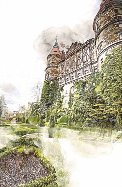 Ksiaz Şatosu Polonya Sicilya sanat retro illüstrasyon, sanat, çizim, eskiz, resim