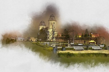 Ksiaz Şatosu Polonya Sicilya sanat retro illüstrasyon, sanat, çizim, eskiz, resim