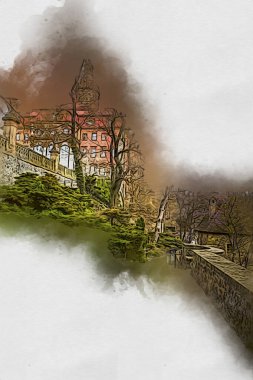 Ksiaz Şatosu Polonya Sicilya sanat retro illüstrasyon, sanat, çizim, eskiz, resim