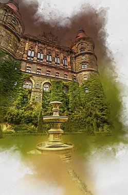 Ksiaz Şatosu Polonya Sicilya sanat retro illüstrasyon, sanat, çizim, eskiz, resim