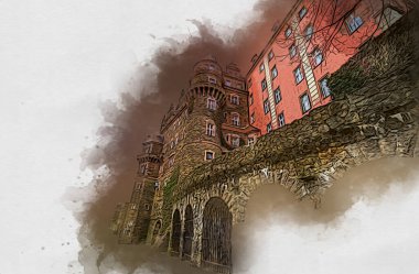 Ksiaz Şatosu Polonya Sicilya sanat retro illüstrasyon, sanat, çizim, eskiz, resim