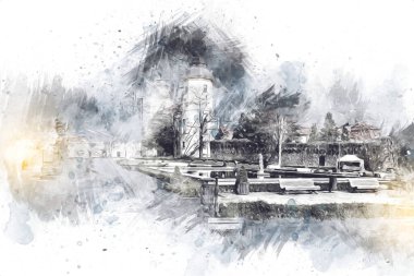 Ksiaz Şatosu Polonya Sicilya sanat retro illüstrasyon, sanat, çizim, eskiz, resim