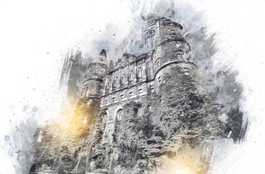 Ksiaz Şatosu Polonya Sicilya sanat retro illüstrasyon, sanat, çizim, eskiz, resim