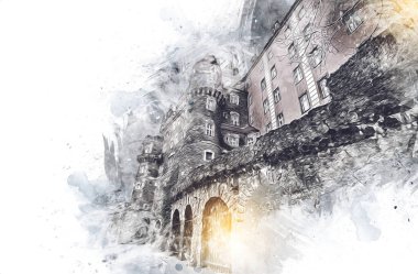 Ksiaz Şatosu Polonya Sicilya sanat retro illüstrasyon, sanat, çizim, eskiz, resim