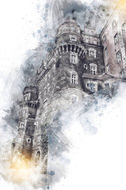 Ksiaz Şatosu Polonya Sicilya sanat retro illüstrasyon, sanat, çizim, eskiz, resim