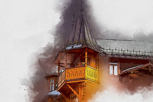 Dřevěná Architektura Zakopane Dne Polsko Ilustrační Kresba — Stock fotografie