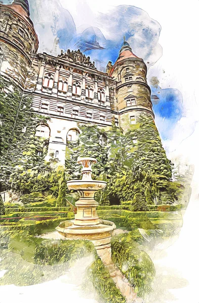 Ksiaz Şatosu Polonya Sicilya sanat retro illüstrasyon, sanat, çizim, eskiz, resim