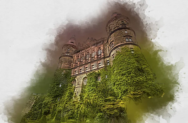 Ksiaz Castle Poland Silesia Art Retro Illustration Art Drawing Sketch — Stock Photo, Image