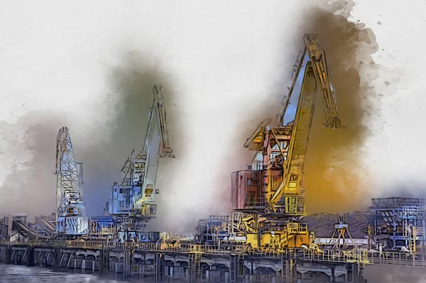 Port Frakt Kranar Med Fotografi Illustration Konst — Stockfoto
