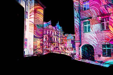 Klodzko şehir merkezi, hava kalesi sanat illüstrasyonundan antika eskiz.