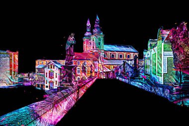 Klodzko şehir merkezi, hava kalesi sanat illüstrasyonundan antika eskiz.