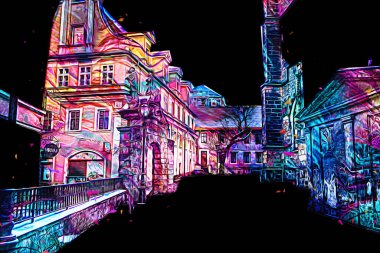 Klodzko şehir merkezi, hava kalesi sanat illüstrasyonundan antika eskiz.