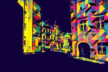 Klodzko şehir merkezi, hava kalesi sanat illüstrasyonundan antika eskiz.