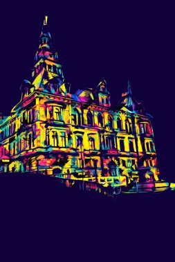 Klodzko şehir merkezi, hava kalesi sanat illüstrasyonundan antika eskiz.