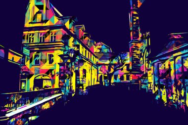 Klodzko şehir merkezi, hava kalesi sanat illüstrasyonundan antika eskiz.