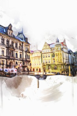 Klodzko şehir merkezi, hava kalesi sanat illüstrasyonundan antika eskiz.