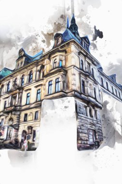 Klodzko şehir merkezi, hava kalesi sanat illüstrasyonundan antika eskiz.