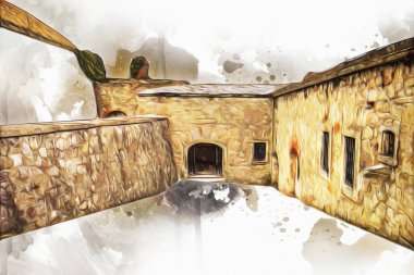 Klodzko 'nun kalesi, hava kalesi sanat resimlerinden antika eskiz eskizleri.