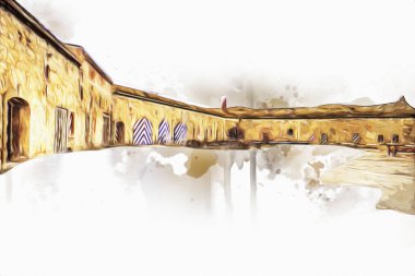 Klodzko 'nun kalesi, hava kalesi sanat resimlerinden antika eskiz eskizleri.