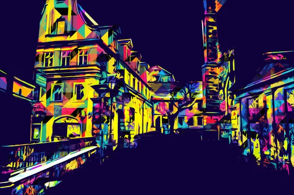 Klodzko şehir merkezi, hava kalesi sanat illüstrasyonundan antika eskiz.