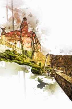 Ksiaz Şatosu Polonya Sicilya sanat retro illüstrasyon, sanat, çizim, eskiz, resim